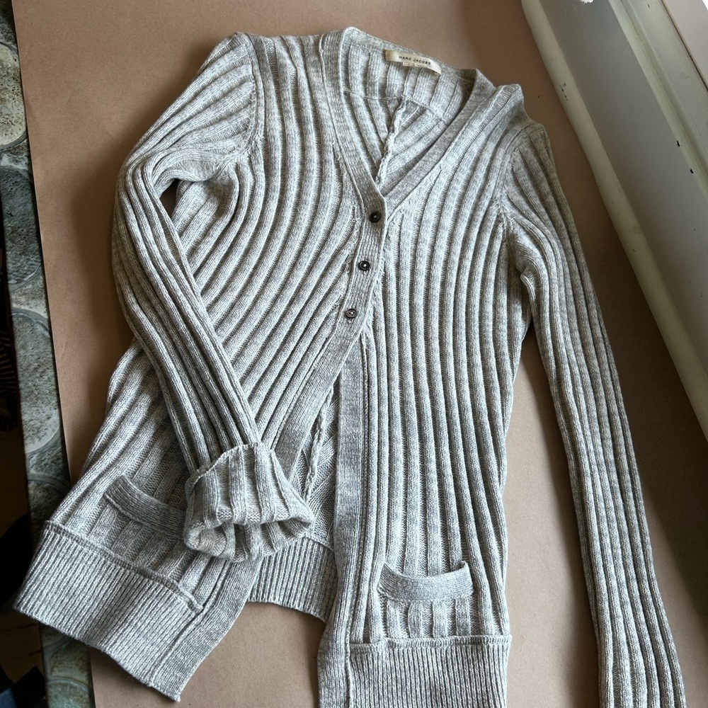 Mark Jacob’s Gray Ribbed V-Neck Button Cardigan S… - image 1
